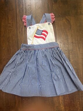 Petite Ami Blue Gingham Pinafore Sun Dress with Flag Appliqué and Bloomers
